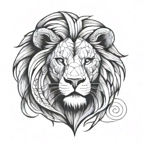 lion face, looking forward, drawing, half geometrical accents black and white  tattoo design idea