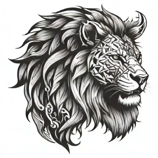 lion face drawing half geometrical accents black and white  tattoo design idea