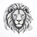 lion face, looking forward, drawing, half geometrical accents black and white  tattoo design idea