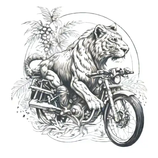 A lioness leading a pack of motorcycles through a jungle tattoo design idea