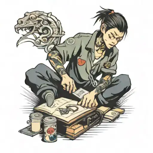 A tattoo of a student studying while playing a video game, with manga-style elements tattoo design idea