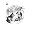 On a full moon, the wolf and the fox stand on a cliff facing the moon, which looks like half a clock and half a compass, tattoo design idea