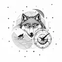 On a full moon, the wolf and the fox stand on a cliff facing the moon, which looks like half a clock and half a compass, tattoo design idea