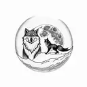 On a full moon, the wolf and the fox stand on a cliff facing the moon, which looks like half a clock and half a compass, tattoo design idea