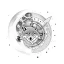 On a full moon, the wolf and the fox stand on a cliff facing the moon, which looks like half a clock and half a compass, tattoo design idea
