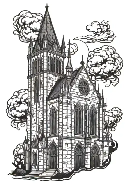 gothic church burning tattoo design idea