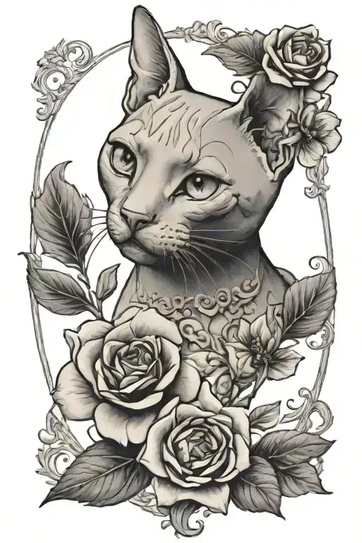 hairless cat framed flower cameo portrait tattoo tattoo design idea