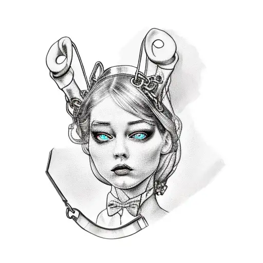 alice in wonderland chained to a chair looking back frightened tattoo design idea