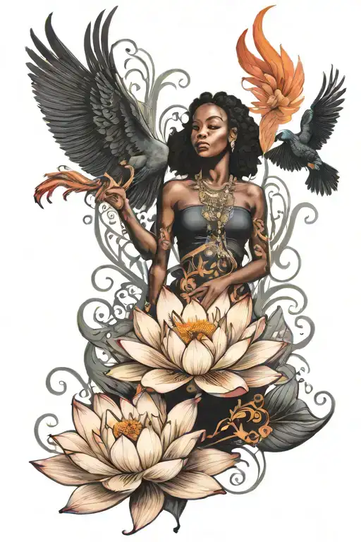 bloomed lotus flower and silhouette black girl with phoenix rising from ashes tattoo design idea