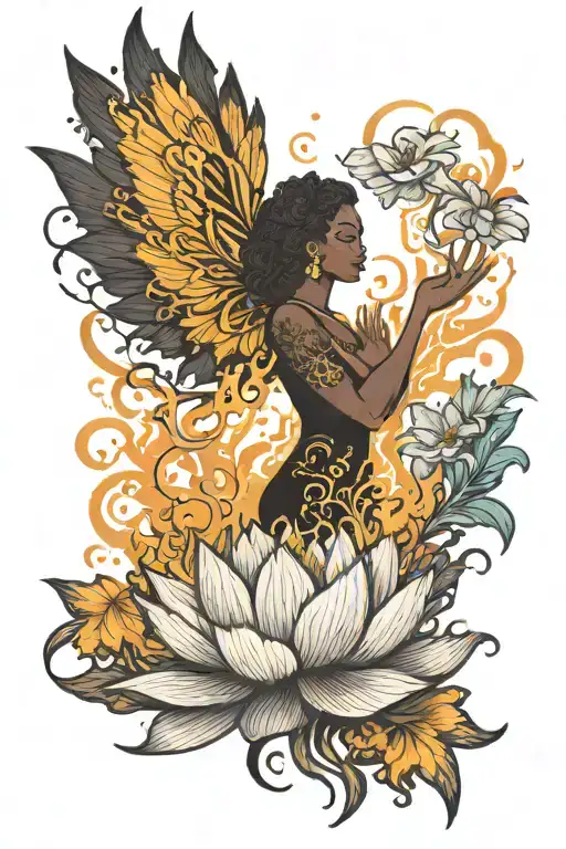 bloomed lotus flower small black girl silhouette phoenix rising from ashes tattoo design idea