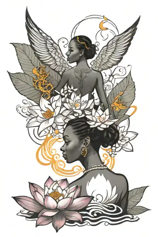 bloomed lotus flower with phoenix flying out of a silhouette black girl  tattoo design idea