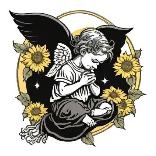 Baby Girl Angel Kneeling In Prayer With Rosary In sunFlower Bed tattoo design idea