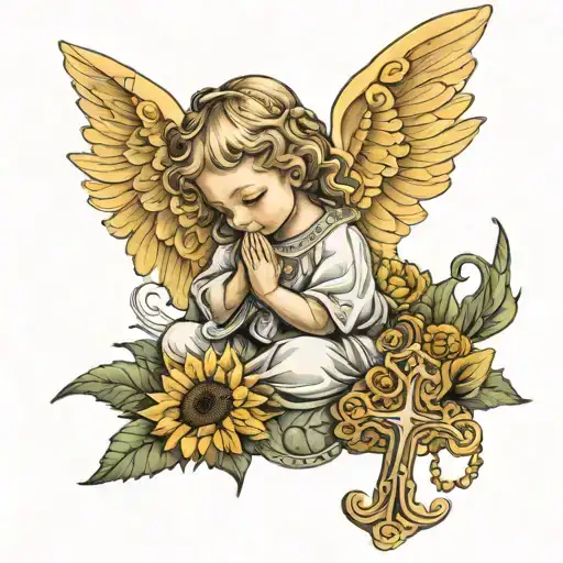 Baby Girl Angel Kneeling In Prayer With Rosary In sunFlower Bed tattoo design idea