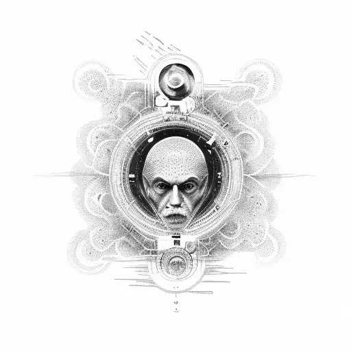 a man connecting with the universe, represents the universe an eye and six wings around him, la coneccion es un fluido tattoo design idea