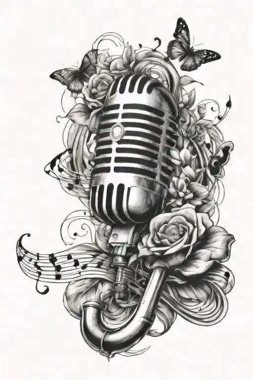 music notes microphone surrounded by musical tattoo design idea