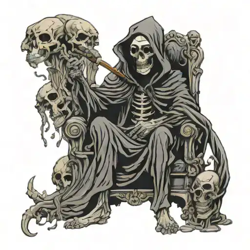 grim reaper sitting on a throne of skulls smoking a pipe  tattoo design idea