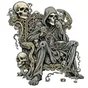 grim reaper sitting on a throne of skulls smoking a pipe  tattoo design idea