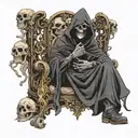 grim reaper sitting on a throne of skulls smoking a pipe  tattoo design idea