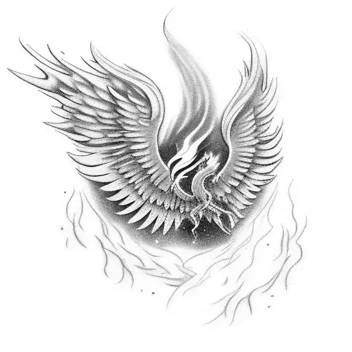 An ethereal black-grey tattoo of a phoenix rising from ashes, representing resilience and rebirth tattoo design idea