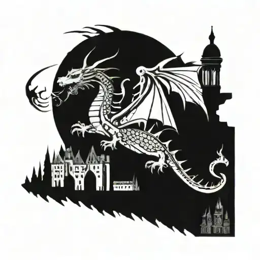 Design a majestic dragon weaving through iconic European landmarks tattoo design idea