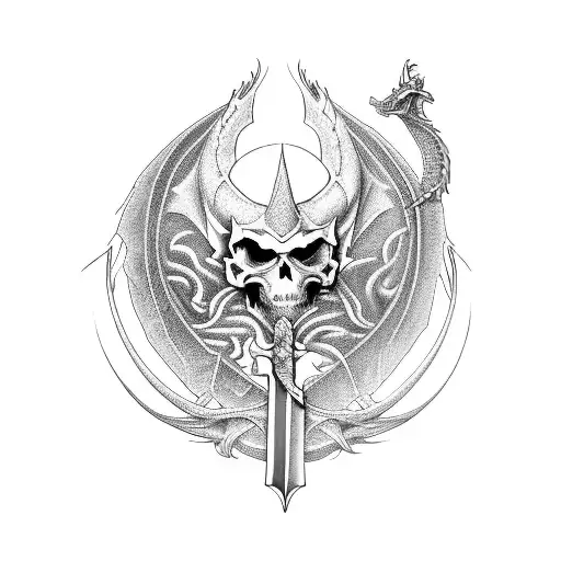 Incorporate a sword, dragon, and skull in a seamless design that represents the client's love for metal music and Nordic mythology, in a blackwork style tattoo design idea