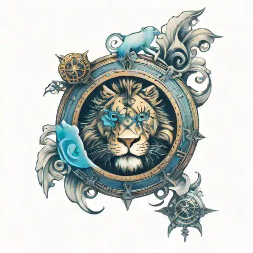lion blue eye, broken clock, cross, clouds surrounding tattoo design idea