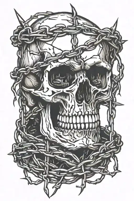 barbed wire and skull. prison bars forming tattoo design idea