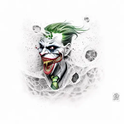 A realistic portrait of the Joker with spiders crawling out of his mouth tattoo design idea