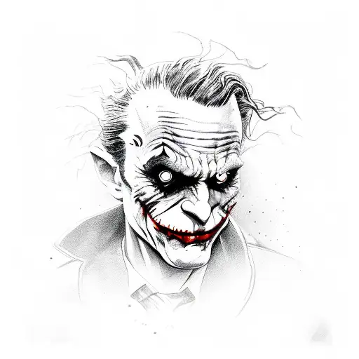 A black and grey portrait of the Joker with spider legs emerging from his head tattoo design idea