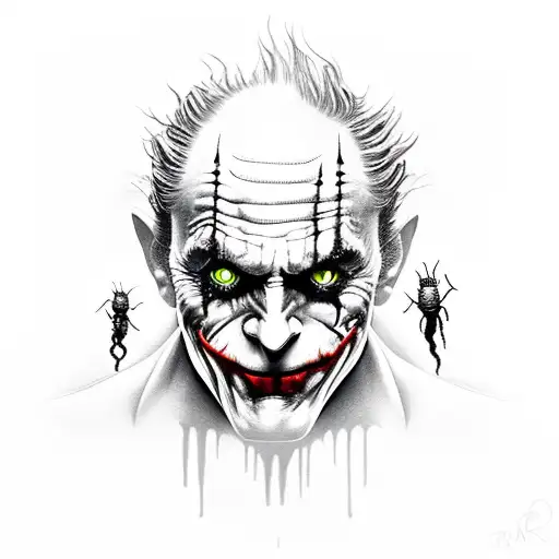 A black and grey portrait of the Joker with spider legs emerging from his head tattoo design idea