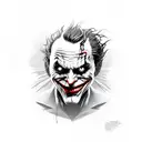 A black and grey portrait of the Joker with spider legs emerging from his head tattoo design idea
