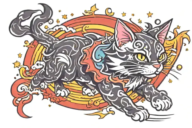 magic star sparkling twilight waves japanese style evil cat running  tattoo design idea