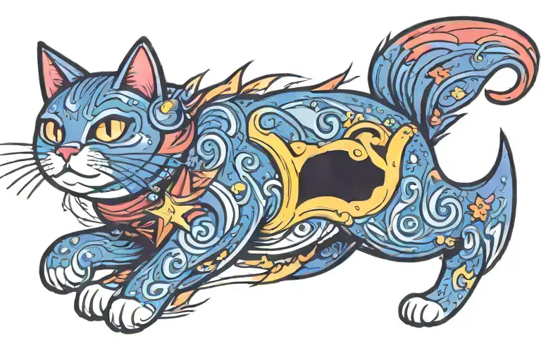 magic star twilight sparkling japanese colorful cat running  tattoo design idea
