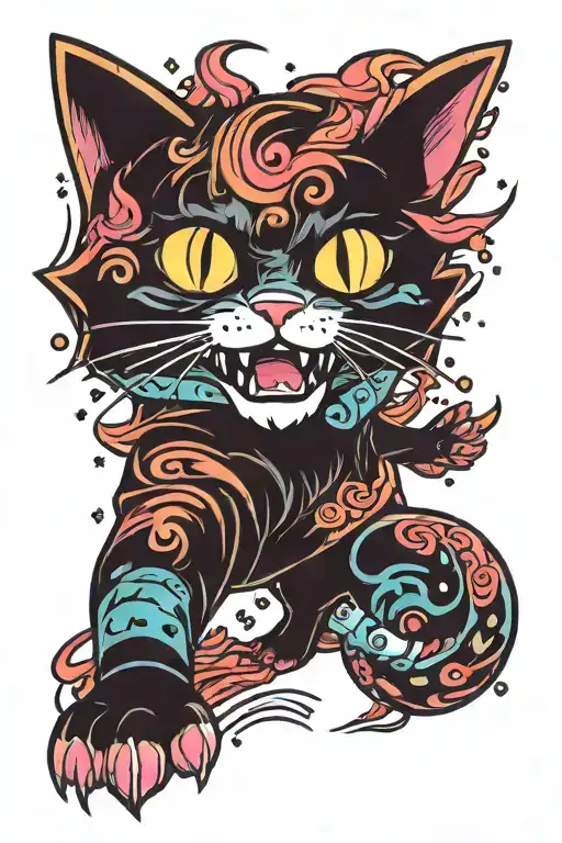 magic colourful star sparkling twilight waves japanese style evil cat running  tattoo design idea