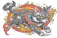 magic star sparkling twilight waves japanese style evil cat running  tattoo design idea