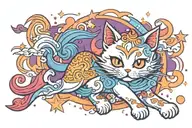 magic star sparkling twilight waves japanese style evil cat running  tattoo design idea