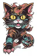 magic colourful star sparkling twilight waves japanese style evil cat running  tattoo design idea
