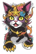 magic colourful star sparkling twilight waves japanese style evil cat running  tattoo design idea
