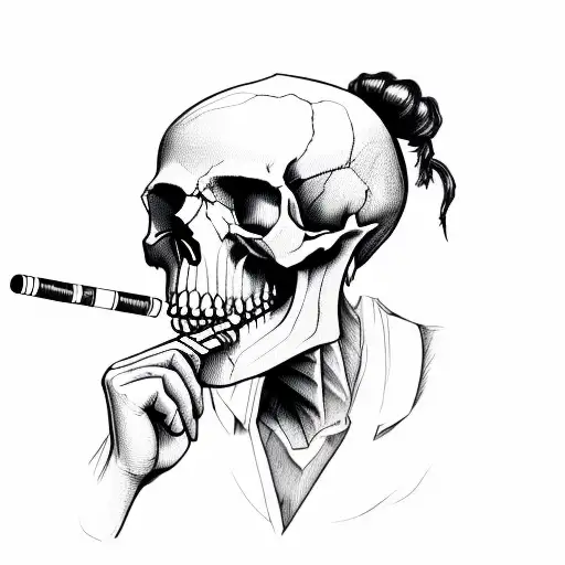 skull with man bun smoking a cigarette tattoo design idea