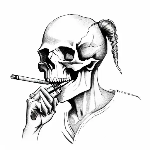 skull with man bun smoking a cigarette tattoo design idea