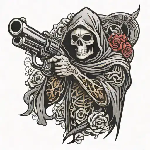 grim reaper gun morphing tattoo design idea