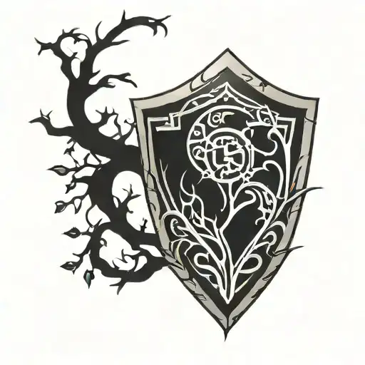 shield fading into tree branch tattoo design idea