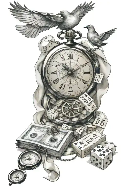 broken pocket watch, 3 dice, a dove, wad of banknotes, a compass tattoo design idea