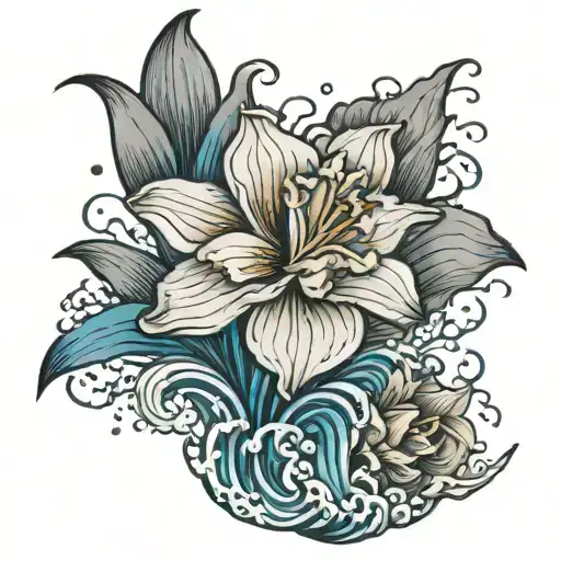 Black and gray daffodil bud bursting through vibrant blue ocean wave tattoo design idea