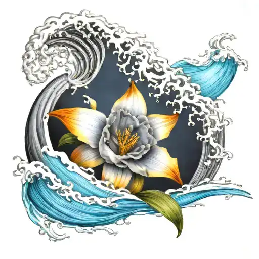 Black and gray daffodil bud bursting through vibrant blue ocean wave tattoo design idea