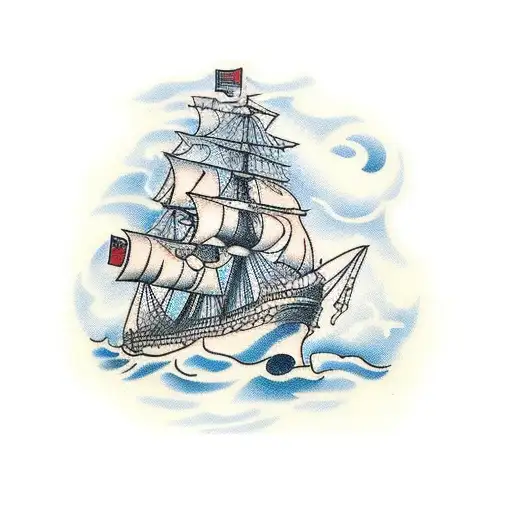 A traditional style tattoo of a ship sailing on rough waters, representing Vasco da Gama's journey to victory and overcoming challenges. tattoo design idea