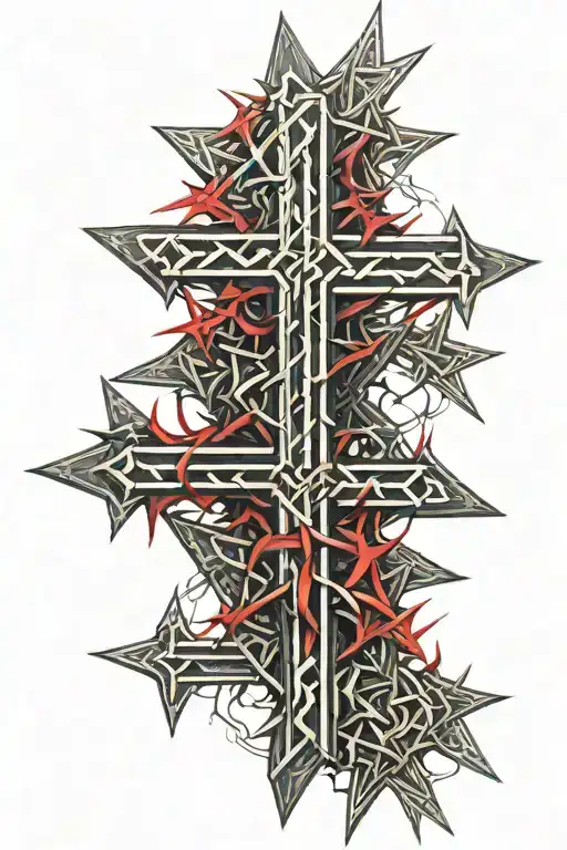 A geometric pattern of red spikes intertwined with crosses tattoo design idea