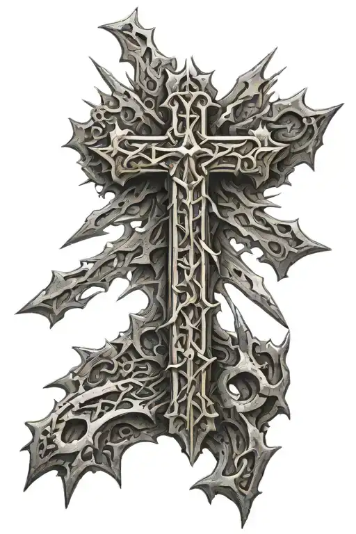 A realistic tattoo of intricate spikes forming a cross symbol tattoo design idea