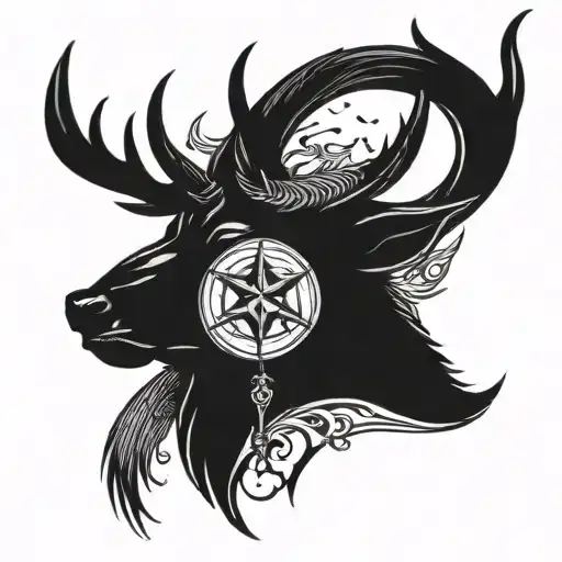 deer head one antler mixed with the moon and a dark hooded knight tattoo design idea