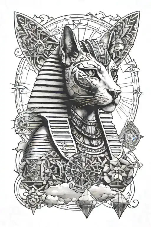 Great pyramids, sphinx, Bastet (cat goddess), Anubis, key of life forearm sleeve tattoo design idea